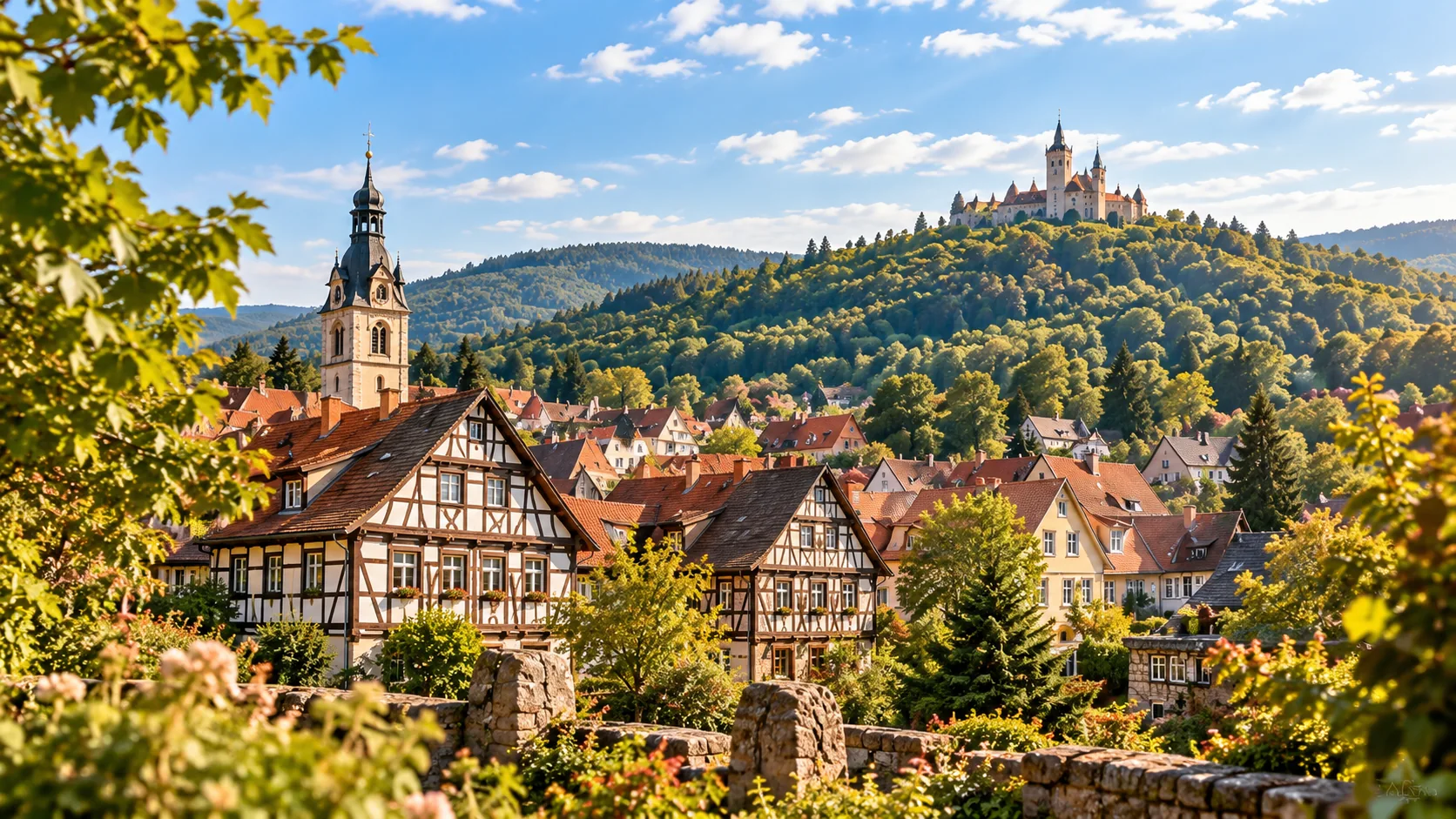 Illustrative Fachwerkhäuser in einer hügeligen Harzlandschaft